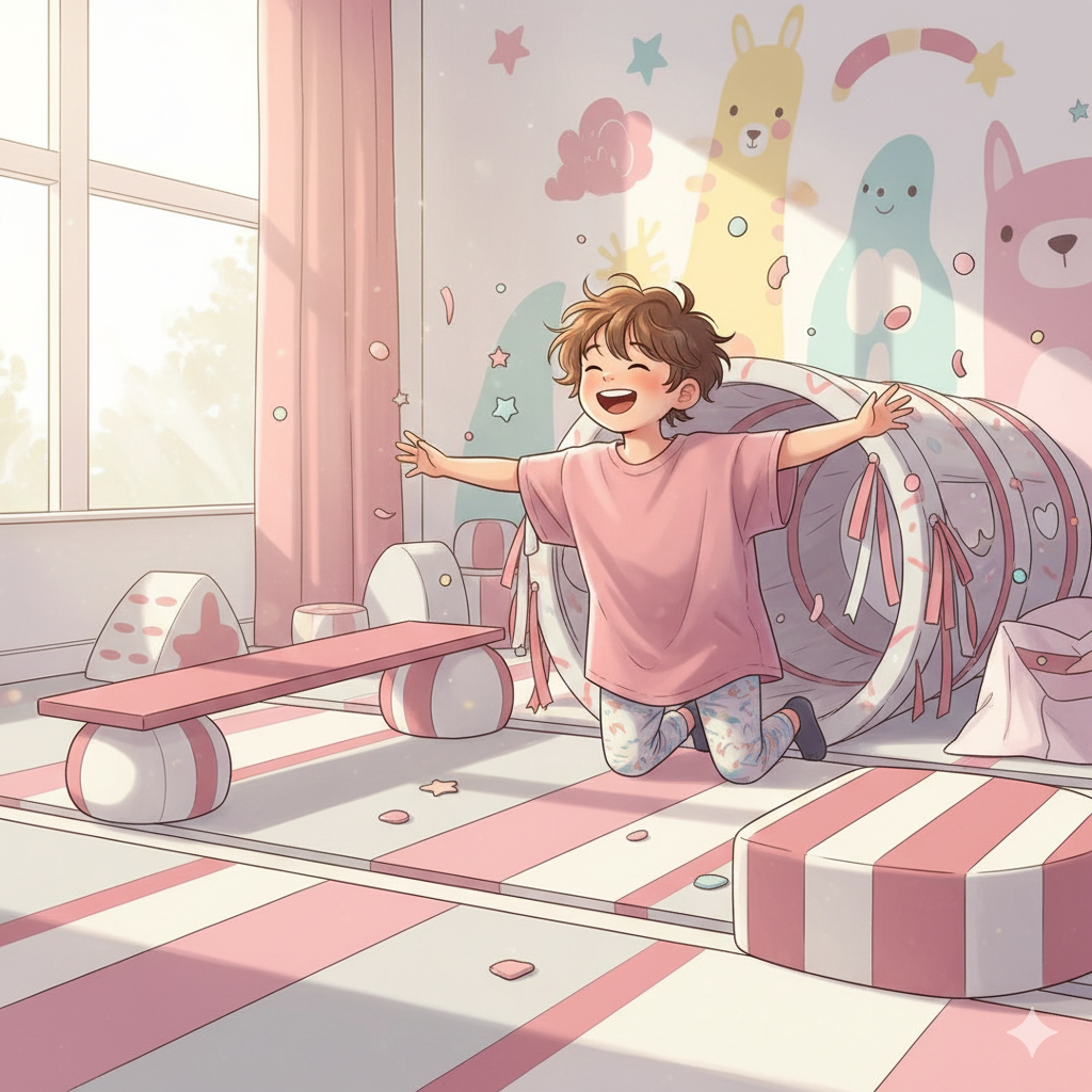 Criança sorrindo enquanto participa de uma atividade psicomotora